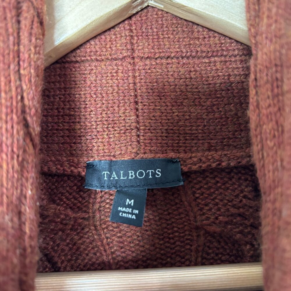 Talbots Wool Blend Cable Knit Cardigan Sweater M Brown Faux Leather Trim - Picture 3 of 14